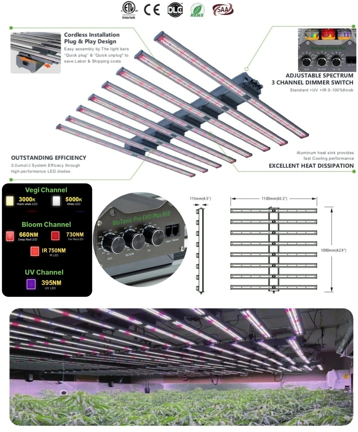 BioTanic-Pro EVO Plus 320 Speziell für die Medizinische Herstellung Entwickelt, 3 Kanal für jede Phase der Pflanze das Perfekte Spektrum,  komplett Ausgerüstet mit echten Samsung 301H EVO 3.1μmol/J Maße 60cm x 60cm